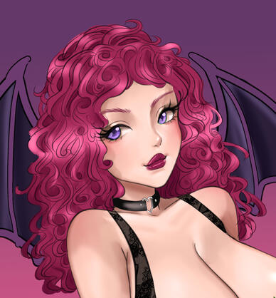 an image of a girl with pink curly hair, purple eyes, purple demon wings, and a black choker necklace with a silver heart